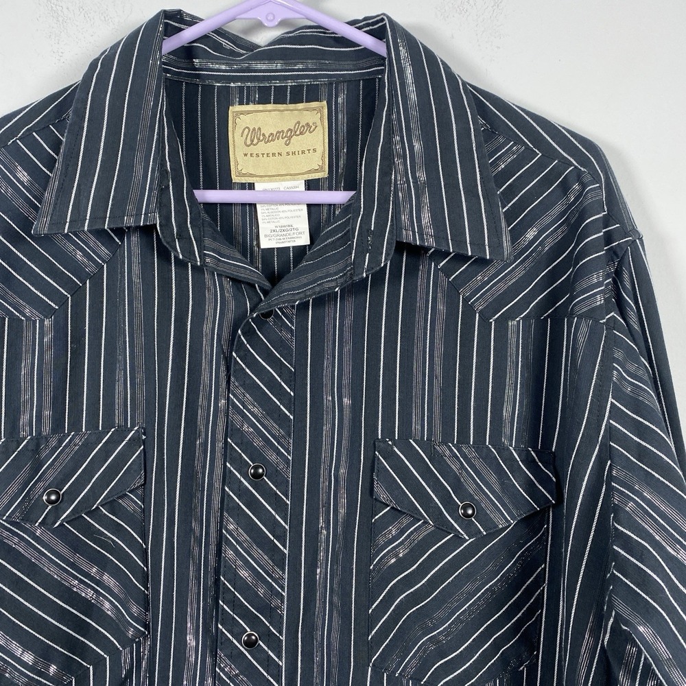 Wrangler‎ Pearl Snap Western Shirt Men's Size 2XL Black Metallic Silver Striped
